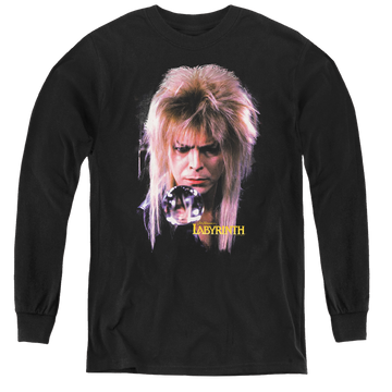 Black youth long sleeve t-shirt with Labyrinth Goblin King graphic