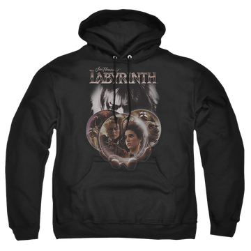 Black pullover hoodie with Labyrinth Globes graphic