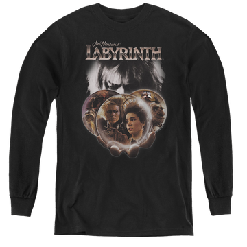 Black youth long sleeve t-shirt with Labyrinth Globes graphic