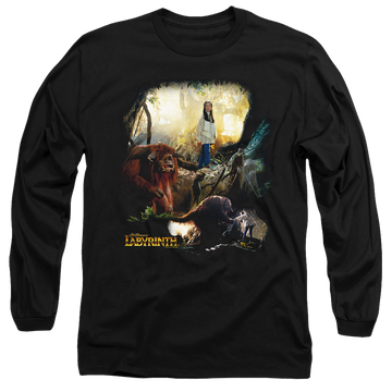 Black men's long sleeve t-shirt with Labyrinth Sarah & Ludo graphic