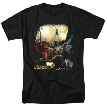 Black men's regular fit t-shirt with Labyrinth Sarah & Ludo graphic