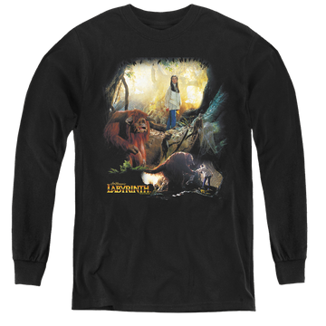 Black youth long sleeve t-shirt with Labyrinth Sarah & Ludo graphic