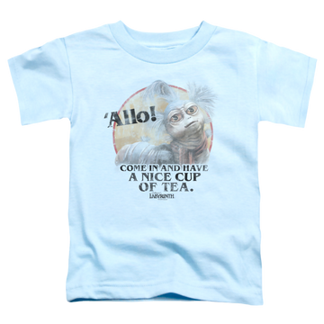 Light blue kid's t-shirt for ages 4 to 7 with Labyrinth Tea graphic
