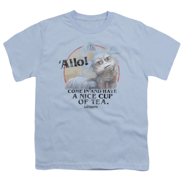 Light blue youth t-shirt for ages 8 to 12 with Labyrinth Tea graphic