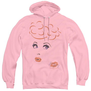 Pink pullover hoodie with I Love Lucy Eyelashes graphic