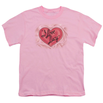 Pink youth t-shirt for ages 8 to 12 with I Love Lucy Classic Logo graphic
