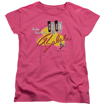 Hot pink women's t-shirt with I Love Lucy Club Babalu graphic