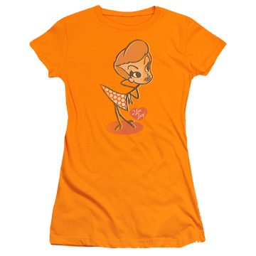 Orange juniors t-shirt with I Love Lucy Vintage Doll graphic