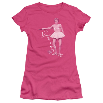 Hot pink juniors t-shirt with I Love Lucy Lifes A Big Dance graphic