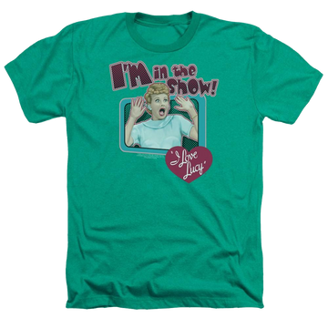 Kelly green men's heather t-shirt with I Love Lucy Put Me In The Show graphic