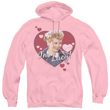 Pink pullover hoodie with I Love Lucy Im Lucy graphic