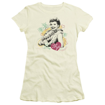 Cream juniors t-shirt with I Love Lucy Luau Graphic graphic