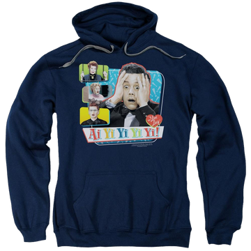 Navy pullover hoodie with I Love Lucy Ai Yi Yi Yi Yi graphic