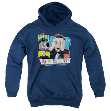 Navy youth hoodie for ages 8 to 12 with I Love Lucy Ai Yi Yi Yi Yi graphic