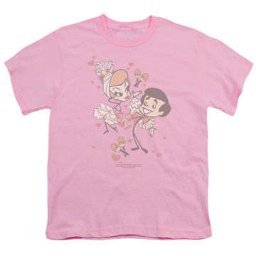 Pink youth t-shirt for ages 8 to 12 with I Love Lucy Rumba Dance graphic