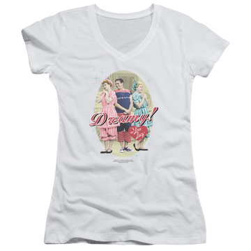 White juniors v-neck t-shirt with I Love Lucy Dreamy! graphic