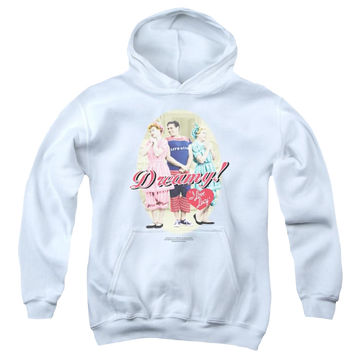 White youth hoodie for ages 8 to 12 with I Love Lucy Dreamy! graphic