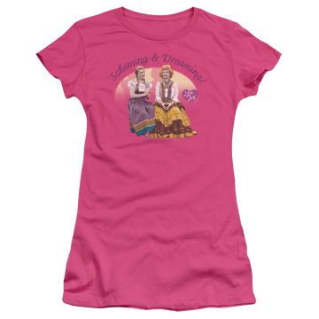 Hot pink juniors t-shirt with I Love Lucy Scheming And Dreaming graphic