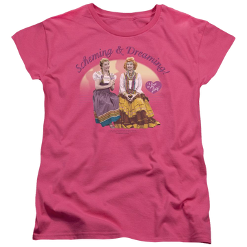 Hot pink women's t-shirt with I Love Lucy Scheming & Dreaming graphic