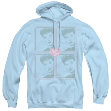 Light blue pullover hoodie with I Love Lucy Lucy Squared graphic