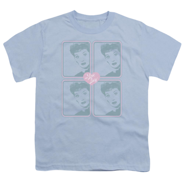 Light blue youth t-shirt for ages 8 to 12 with I Love Lucy Lucy Squared graphic