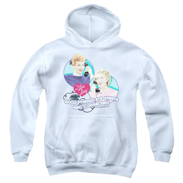 White youth hoodie for ages 8 to 12 with I Love Lucy Always Connected graphic