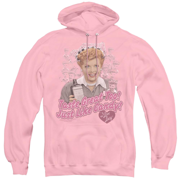 Pink pullover hoodie with I Love Lucy Tastes Like Candy graphic