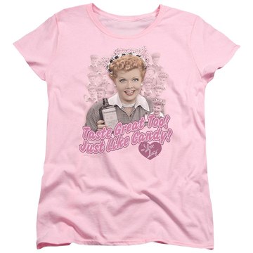 Pink women's t-shirt with I Love Lucy Tastes Like Candy graphic