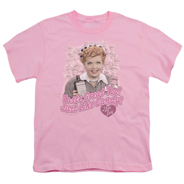 Pink youth t-shirt for ages 8 to 12 with I Love Lucy Tastes Like Candy graphic