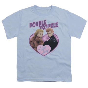Light blue youth t-shirt for ages 8 to 12 with I Love Lucy Double Trouble graphic