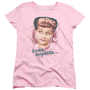Pink women's t-shirt with I Love Lucy I Can Explain graphic