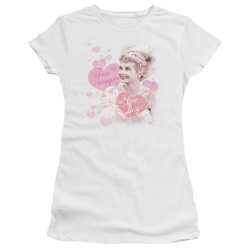 White juniors t-shirt with I Love Lucy Show Stopper graphic