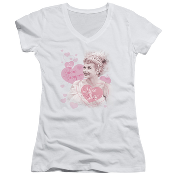 White juniors v-neck t-shirt with I Love Lucy Show Stopper graphic