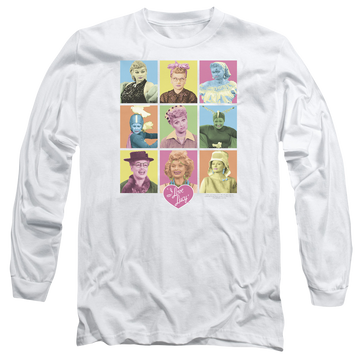 White men's long sleeve t-shirt with I Love Lucy So Many Faces graphic