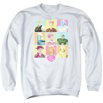 White men's crewneck sweatshirt with I Love Lucy So Many Faces graphic