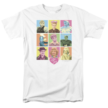 White men's regular fit t-shirt with I Love Lucy So Many Faces graphic