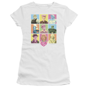 White juniors t-shirt with I Love Lucy So Many Faces graphic