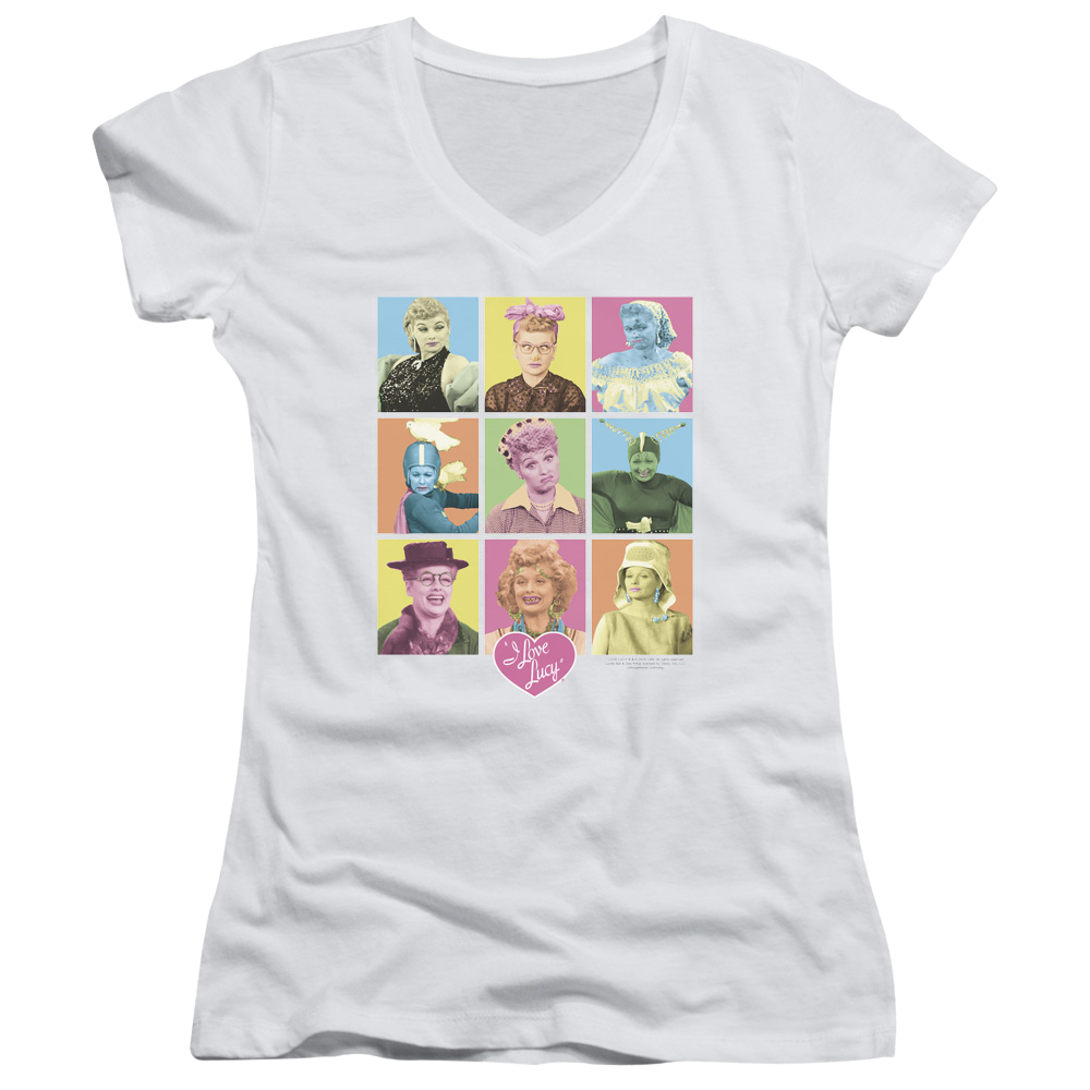 I Love Lucy So Many Faces Juniors V-Neck T-Shirt Juniors V-Neck T-Shirt I Love Lucy   