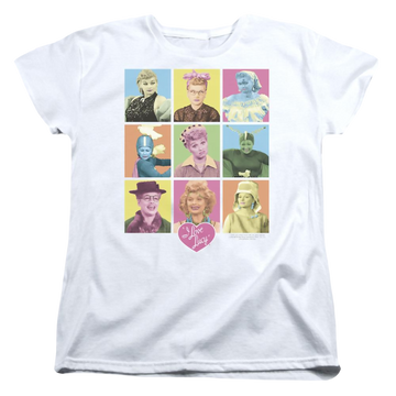 White women's t-shirt with I Love Lucy So Many Faces graphic