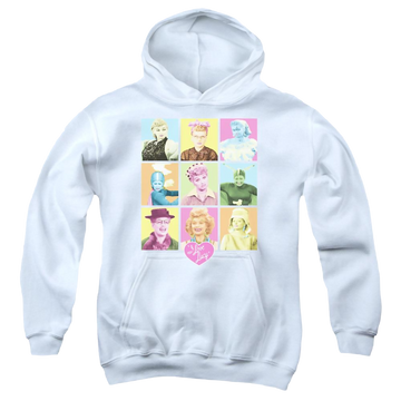White youth hoodie for ages 8 to 12 with I Love Lucy So Many Faces graphic