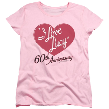 Pink women's t-shirt with I Love Lucy 60th Anniversary graphic