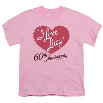Pink youth t-shirt for ages 8 to 12 with I Love Lucy 60th Anniversary graphic