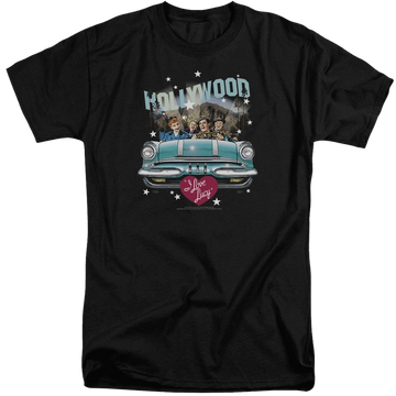 Black men's tall fit t-shirt with I Love Lucy Hollywood Road Trip graphic