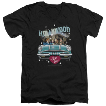 Black men's v-neck t-shirt with I Love Lucy Hollywood Road Trip graphic