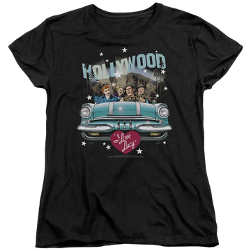Black women's t-shirt with I Love Lucy Hollywood Road Trip graphic