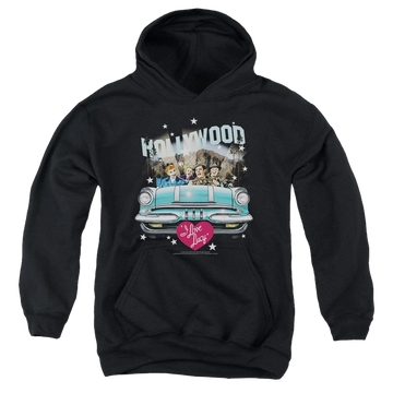 Black youth hoodie for ages 8 to 12 with I Love Lucy Hollywood Road Trip graphic