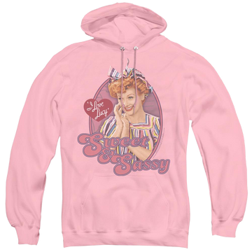 Pink pullover hoodie with I Love Lucy Sweet & Sassy graphic