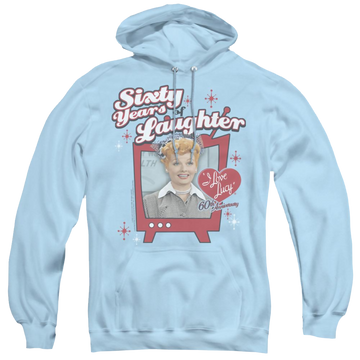 Light blue pullover hoodie with I Love Lucy 60 Years Of Laughter graphic