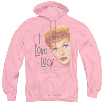 Pink pullover hoodie with I Love Lucy Open Hearts graphic