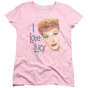 Pink women's t-shirt with I Love Lucy Hollywood Open Hearts graphic